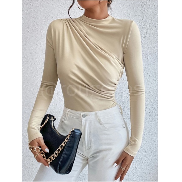 Ruched Asymmetric Beige Long Sleeve Bodysuit Slim Fit Stretchy - Picture 4 of 8